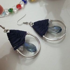 Unique Leather crystal earrings Hand wrapped blue suede